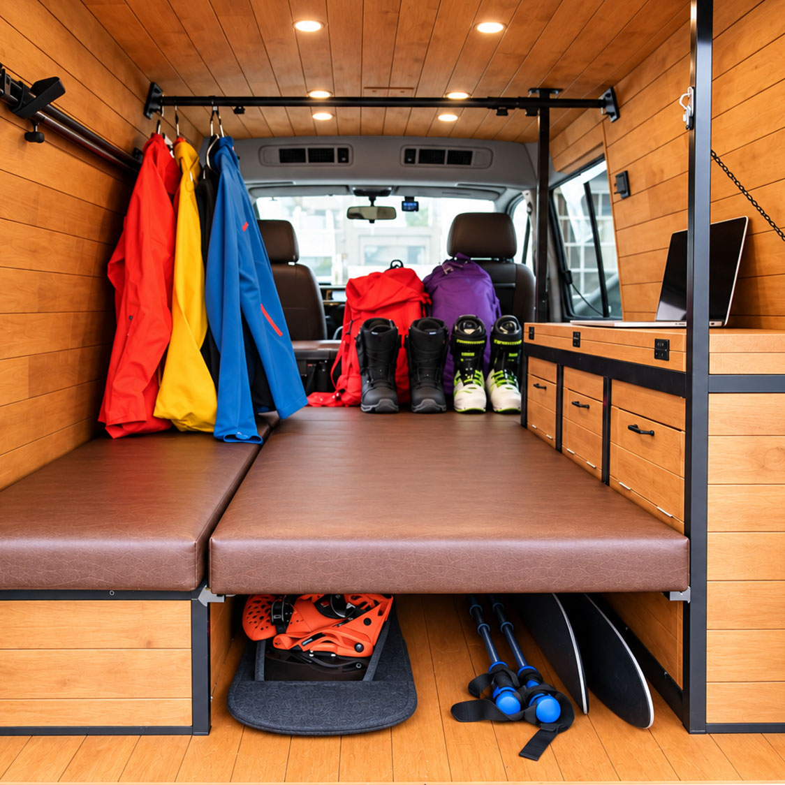Warm campervan interior for a Hokkaido ski and snowboard trip